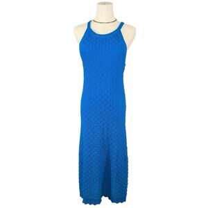 Eliza J Blue Crochet Knit Halter Midi Dress Cotton Boho Medium Casual Romantic